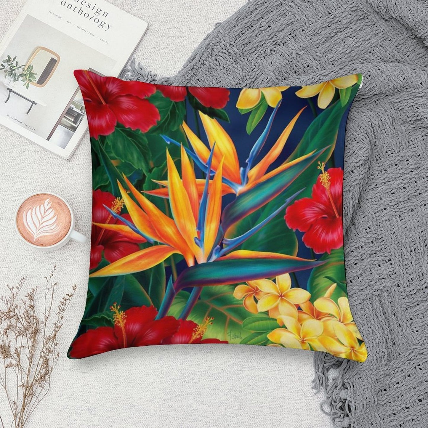 Tropical Paradise Hawaiian Birds of Paradise Illustration Soft Home Decor Throw Pillow
