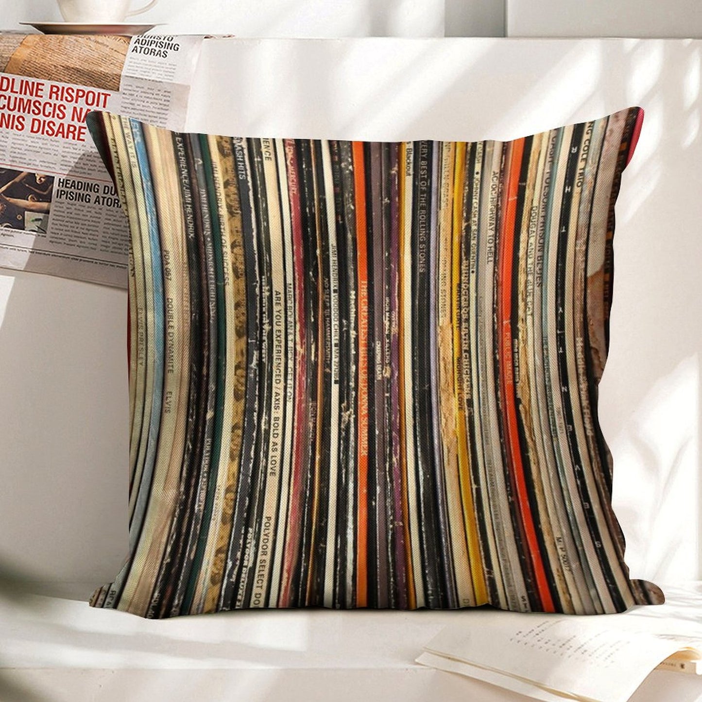 Vinyl Record Collection Photography Linen Throw Pillow Cover
