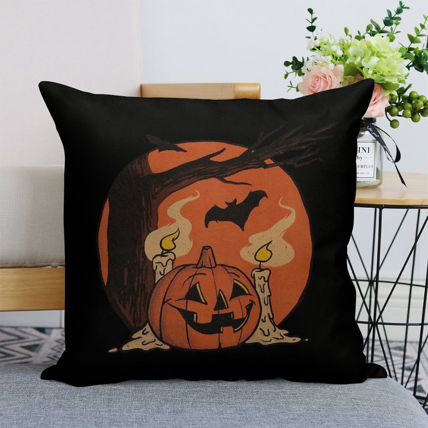Vintage Pumpkin Scene Halloween Linen Throw Pillow Cover