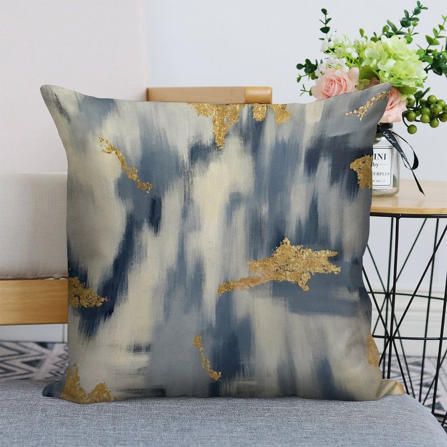 Blue And Gold Ikat Abstract Linen Throw Pillow Cover