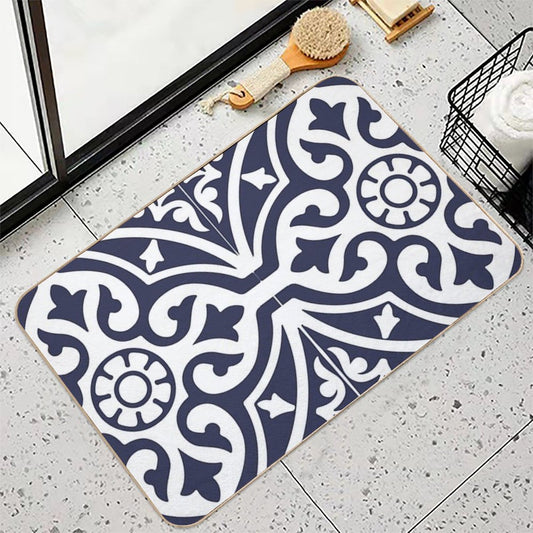 Hamptons Blue And White Moroccan Talavera Tile Bath Mat