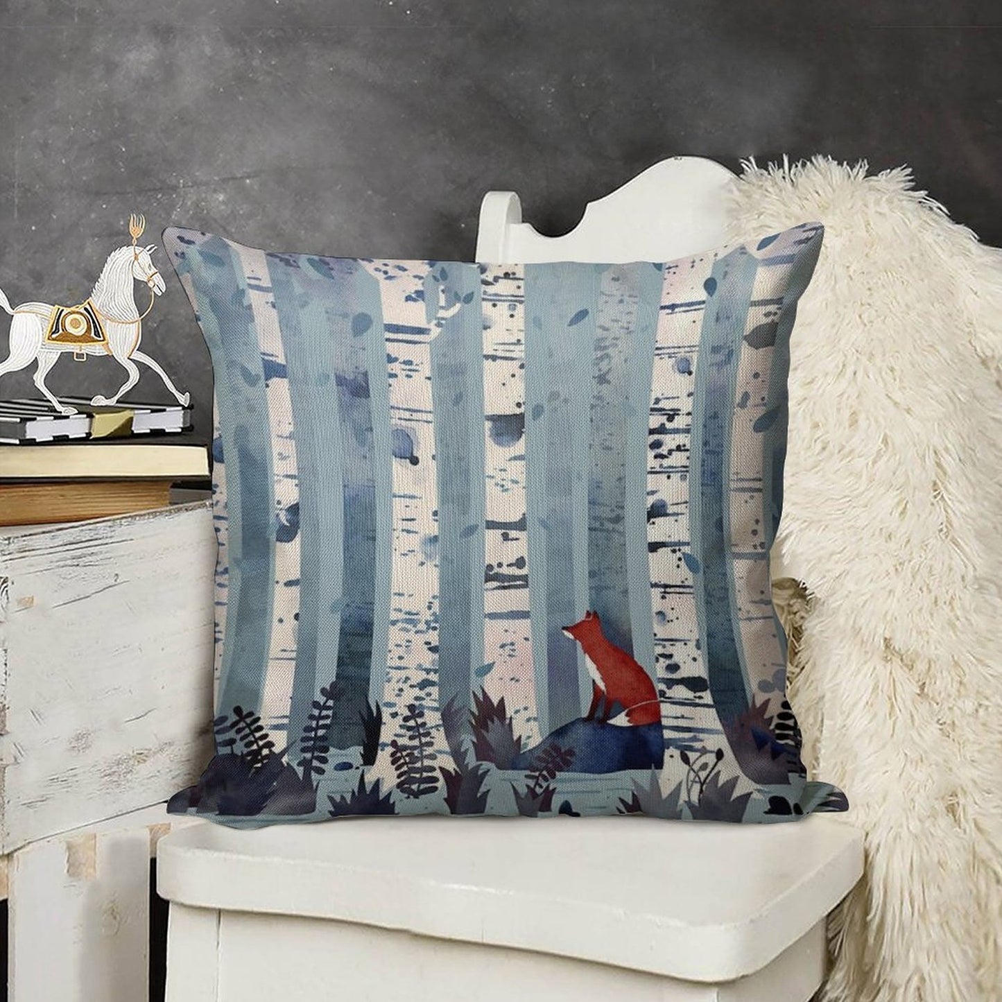 The Birches (in Blue) Linen Throw Pillow Cover