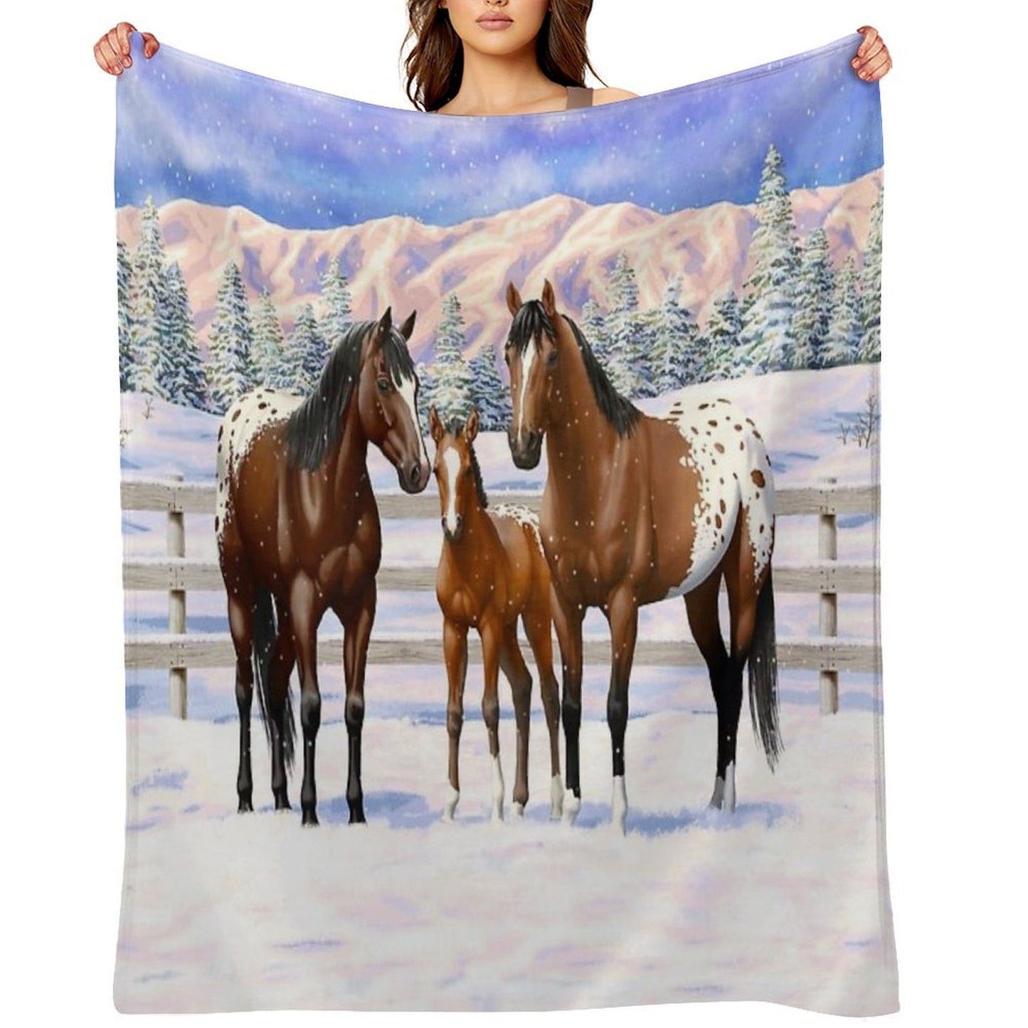 Bay Appaloosa Quarter Horses In Winter Snow Throw Blanket
