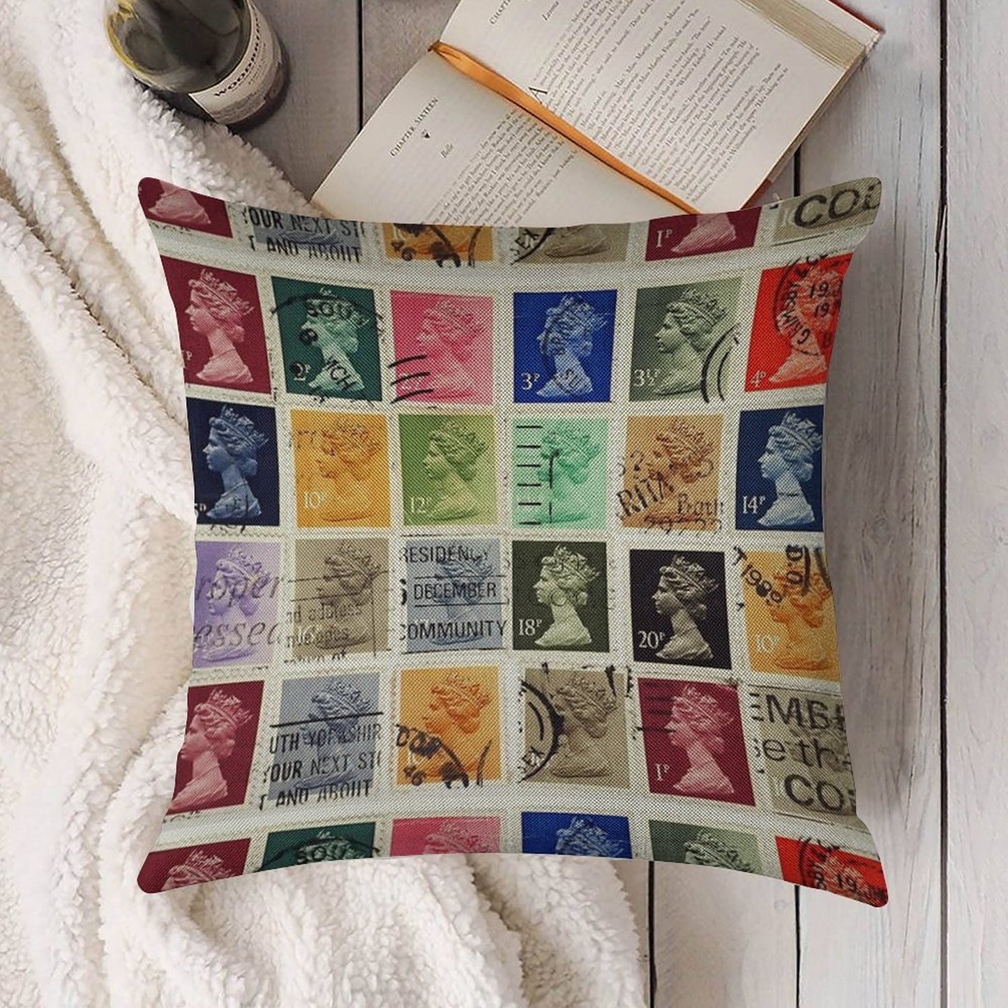 British Postage Stamps with A Queen Elizabeth Profile. Linen Throw Pillow Cover