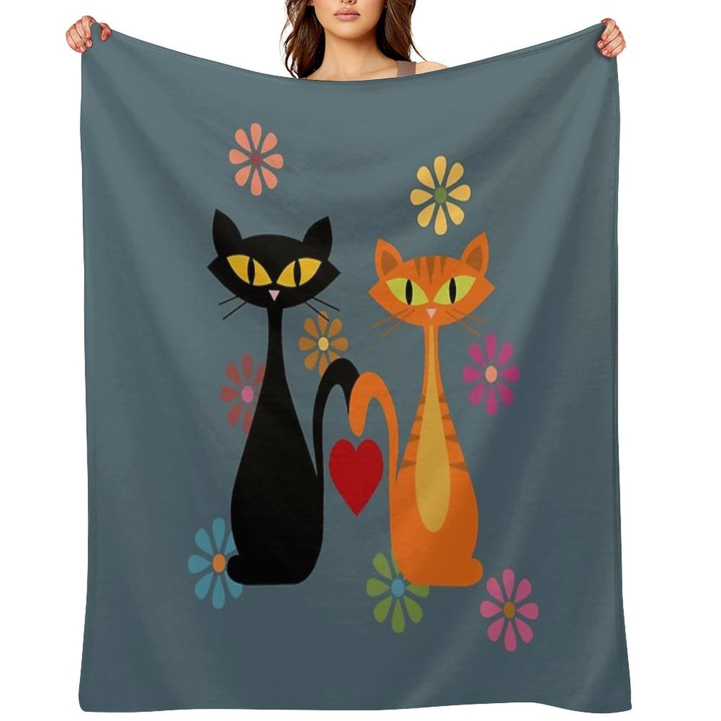 Mid Century Orange And Black Cats in Love Throw Blanket