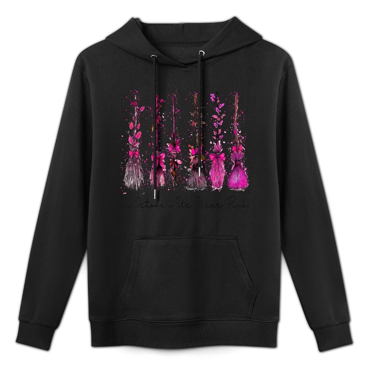 in October We Wear Pink Broom Witch Breast Cancer Halloween Unisex Design Hoodie