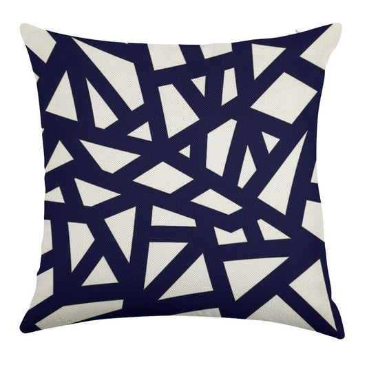 Navy Blue Thick Mosaic Lines On White Linen Throw Pillow Cover