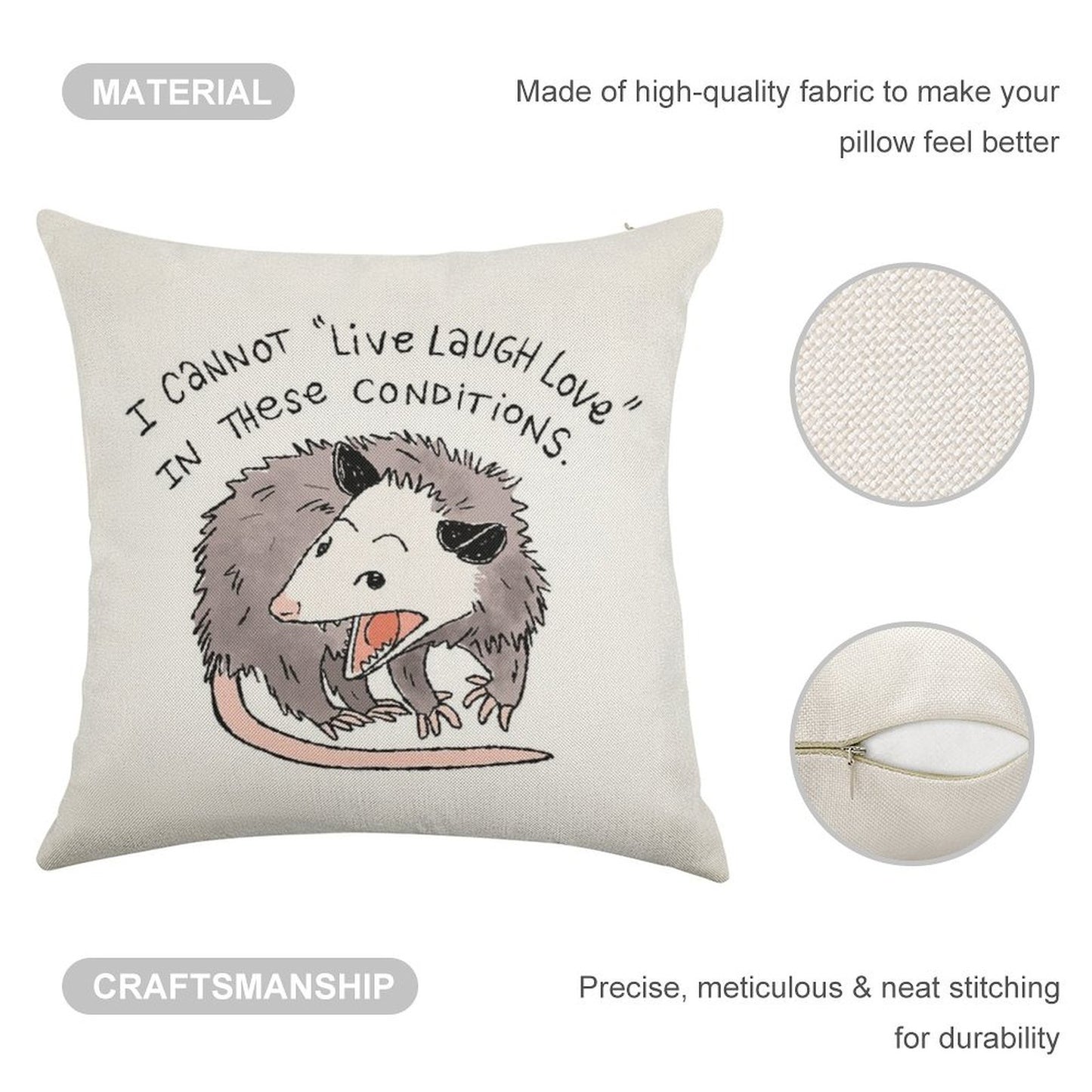 Opossum Live Laugh Love Linen Throw Pillow Cover