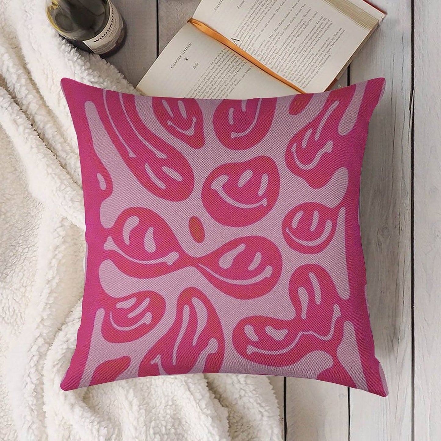 Hot Pink Melted Smiley Face Psychedelic Pattern Linen Throw Pillow Cover