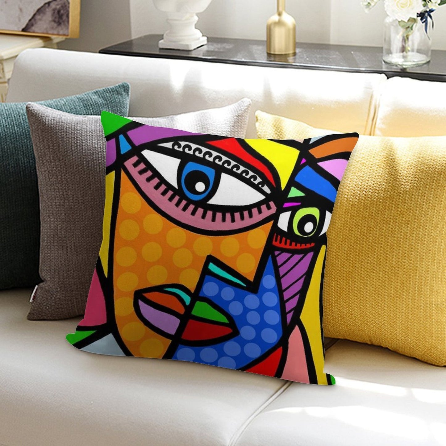 Funky Abstract Style Art Face with Dots And Stripes Soft Anti-Pilling Throw Pillow