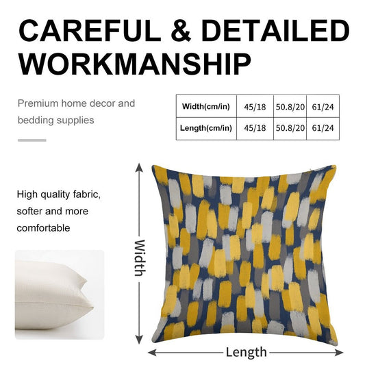 Abstract Grey And Mustard Yellow Paint Brush Effect on Navy Blue Linen Throw Pillow Cover