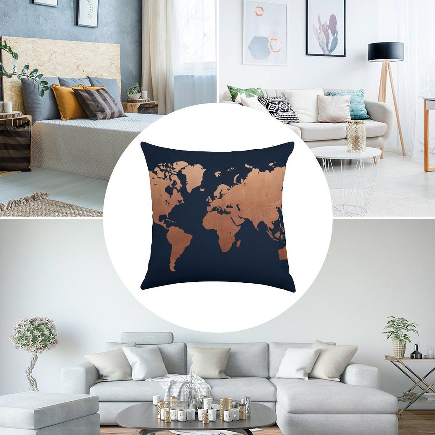 World Map - Navy Blue And Copper Linen Throw Pillow Cover