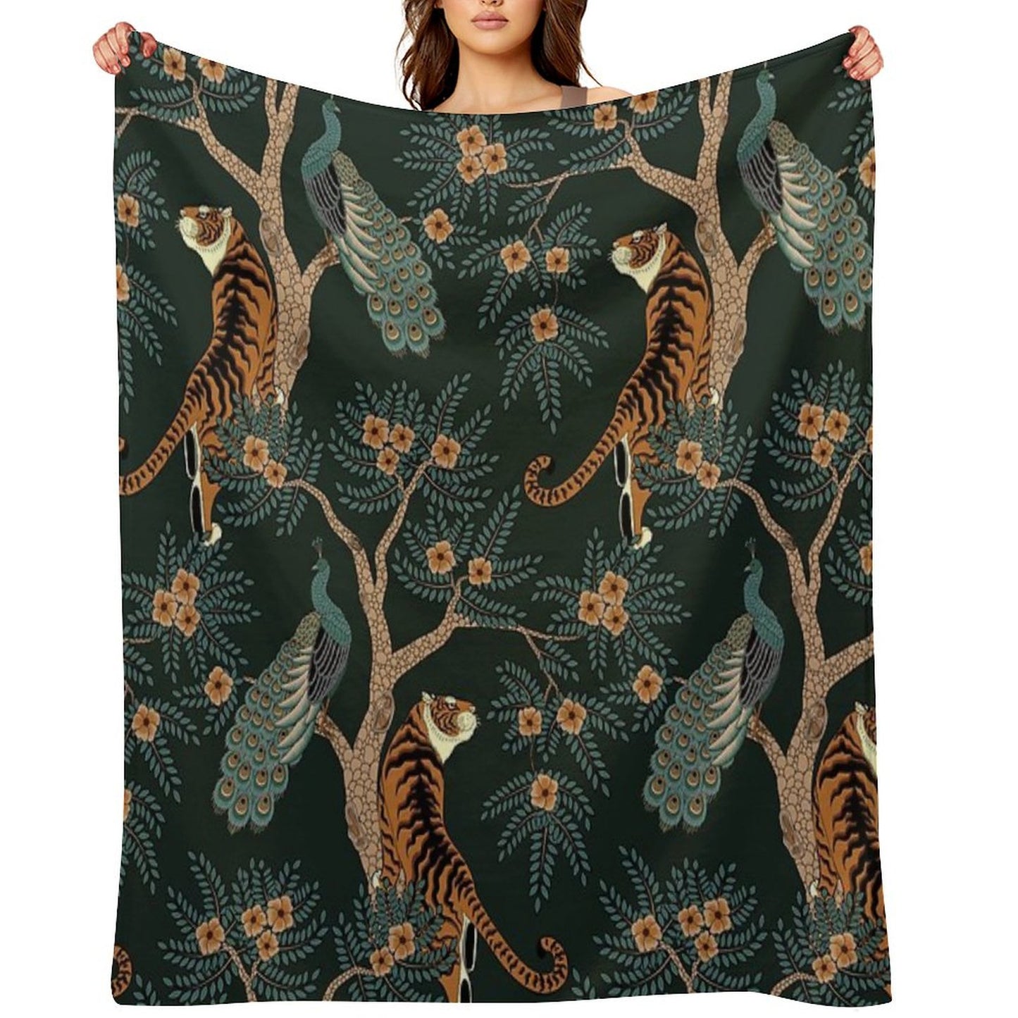 Vintage Tiger And Peacock in The Jungle Throw Blanket