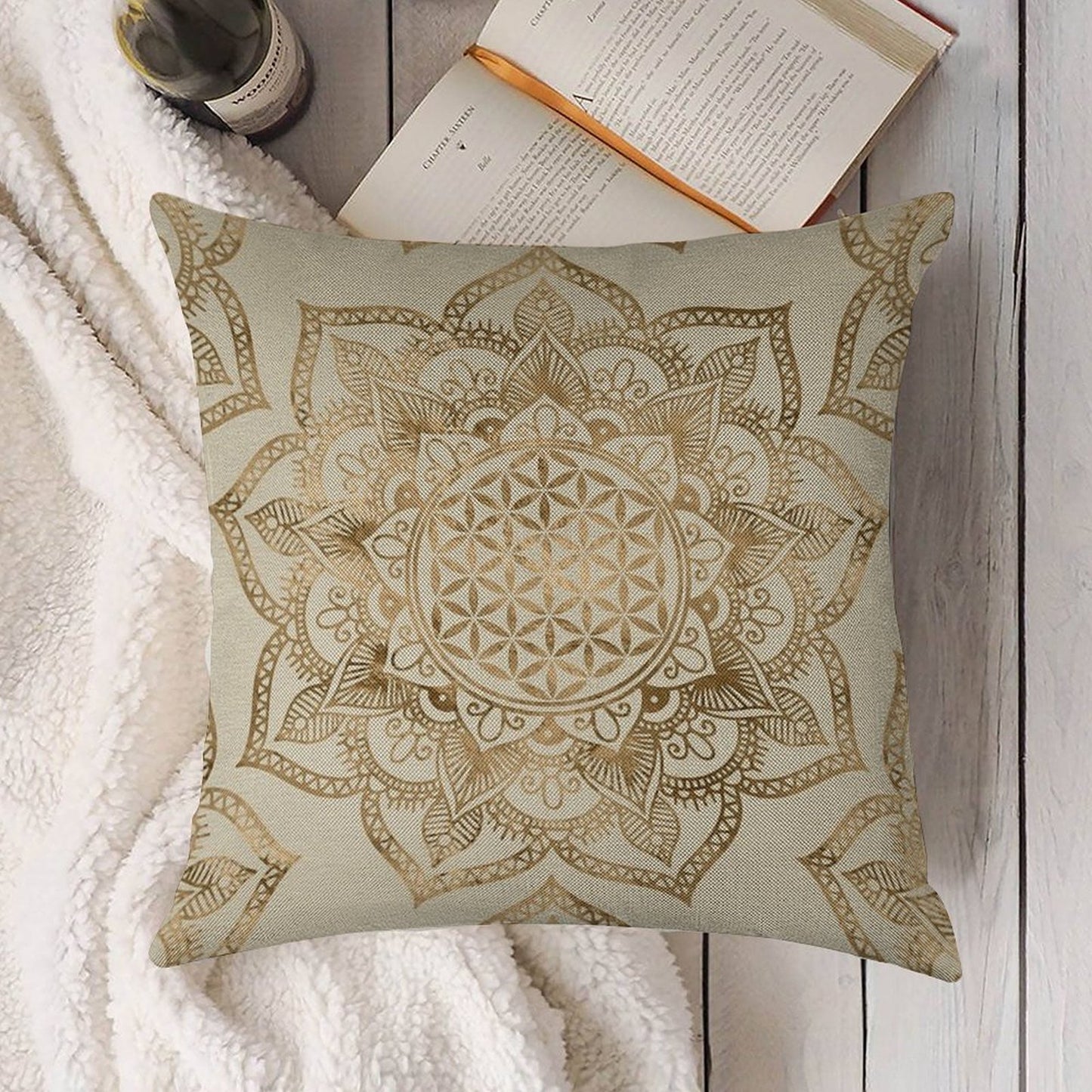 Flower of Life in Lotus - Pastel Golds And Canvas Linen Throw Pillow Cover