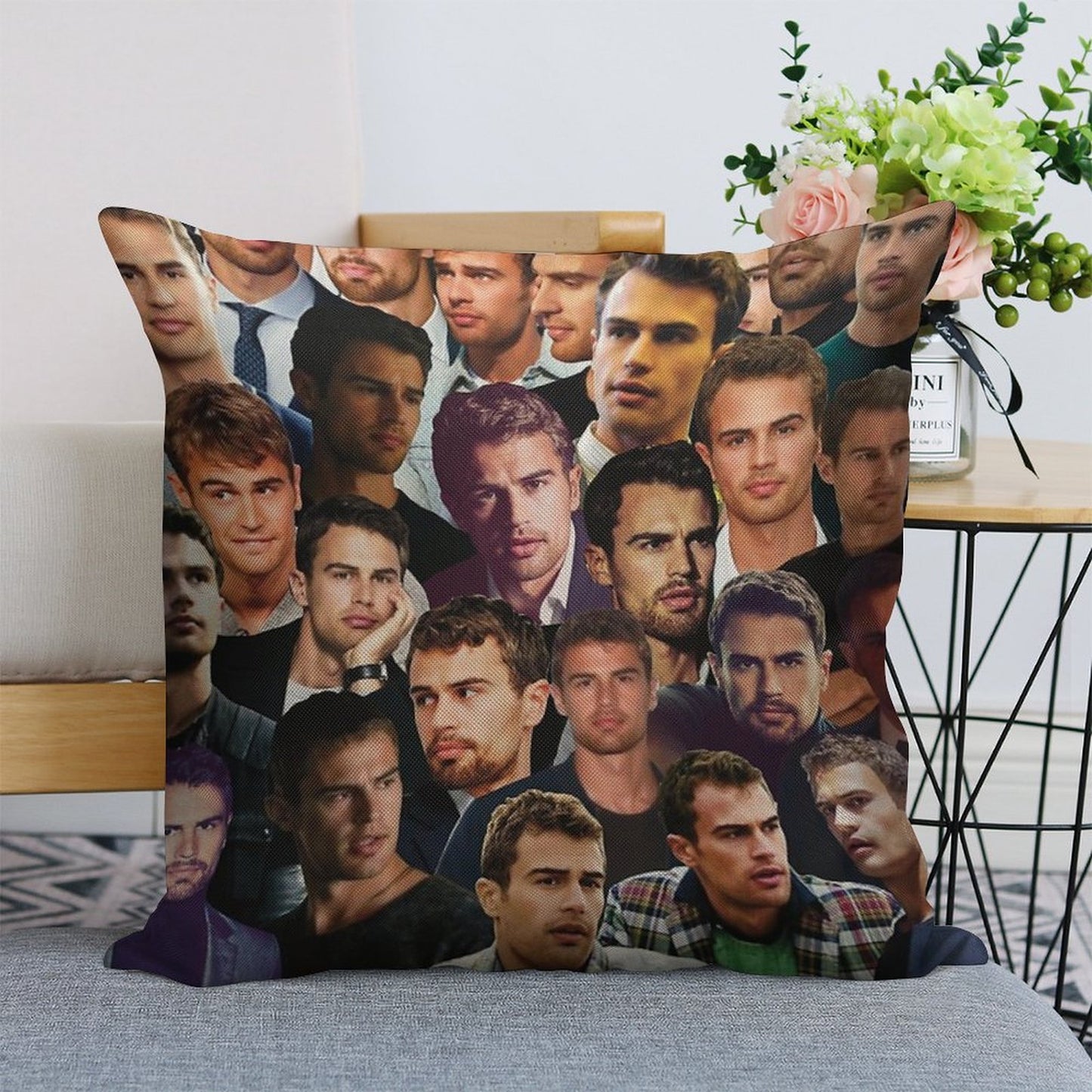 Theo James Photo Collage Linen Throw Pillow Cover