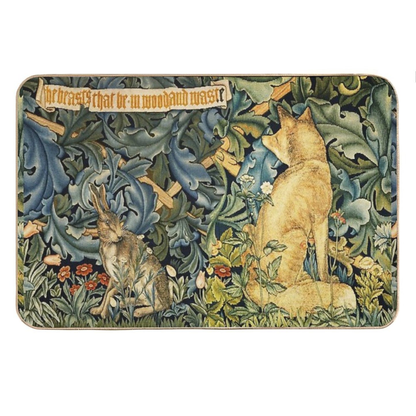 GREENERY, FOREST ANIMALS ,FOX AND HARE Blue Green Floral Bath Mat
