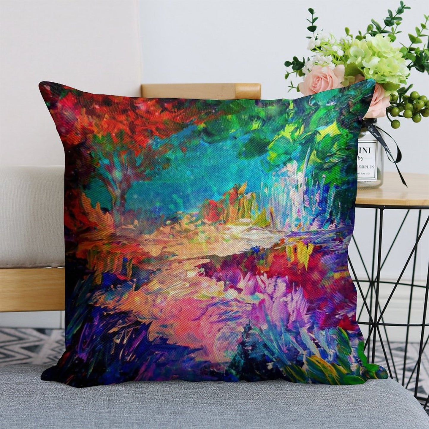 WELCOME TO UTOPIA Bold Rainbow Multicolor Abstract Painting Forest Nature Whimsical Fantasy Fine Art Linen Throw Pillow Cover
