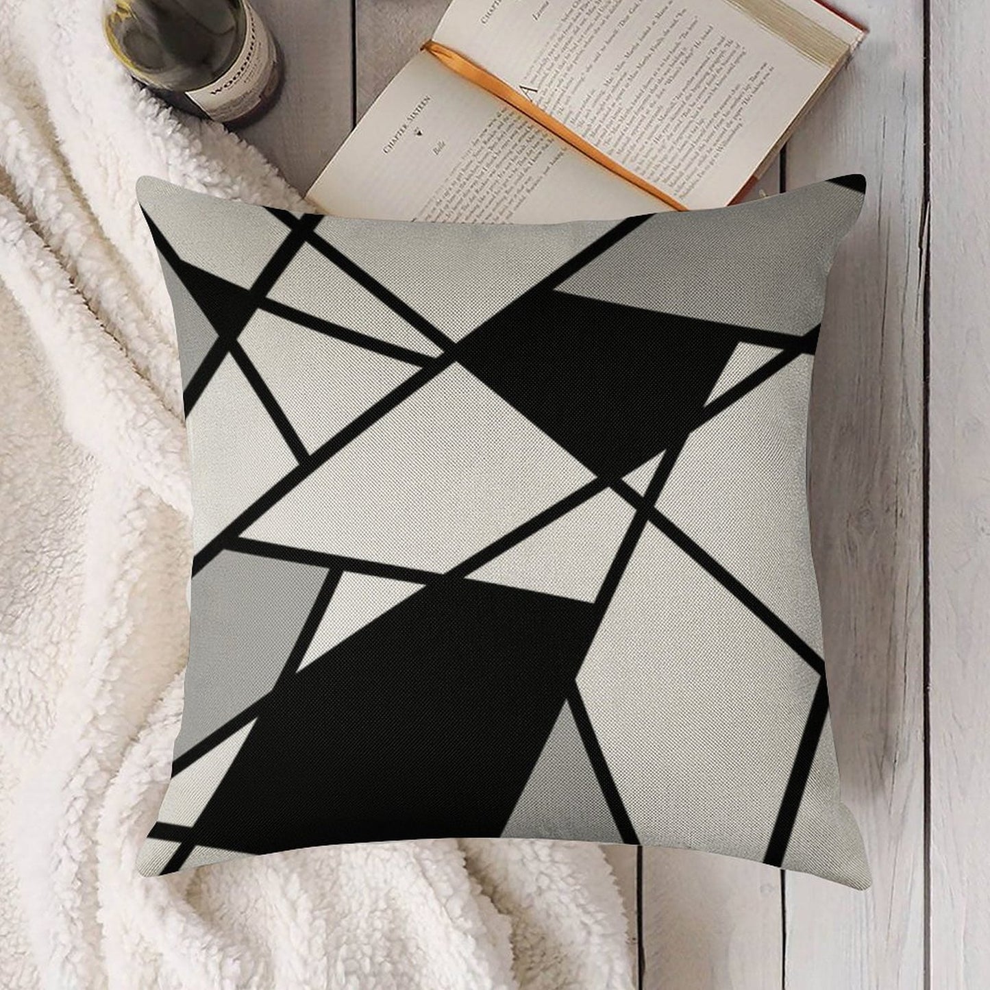 Black Modern Geometric Pattern Linen Throw Pillow Cover