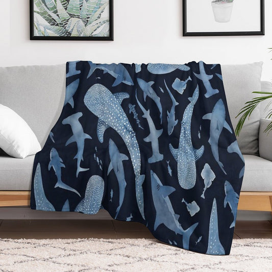 Monochrome Blue Watercolour Shark Ocean on Black Throw Blanket