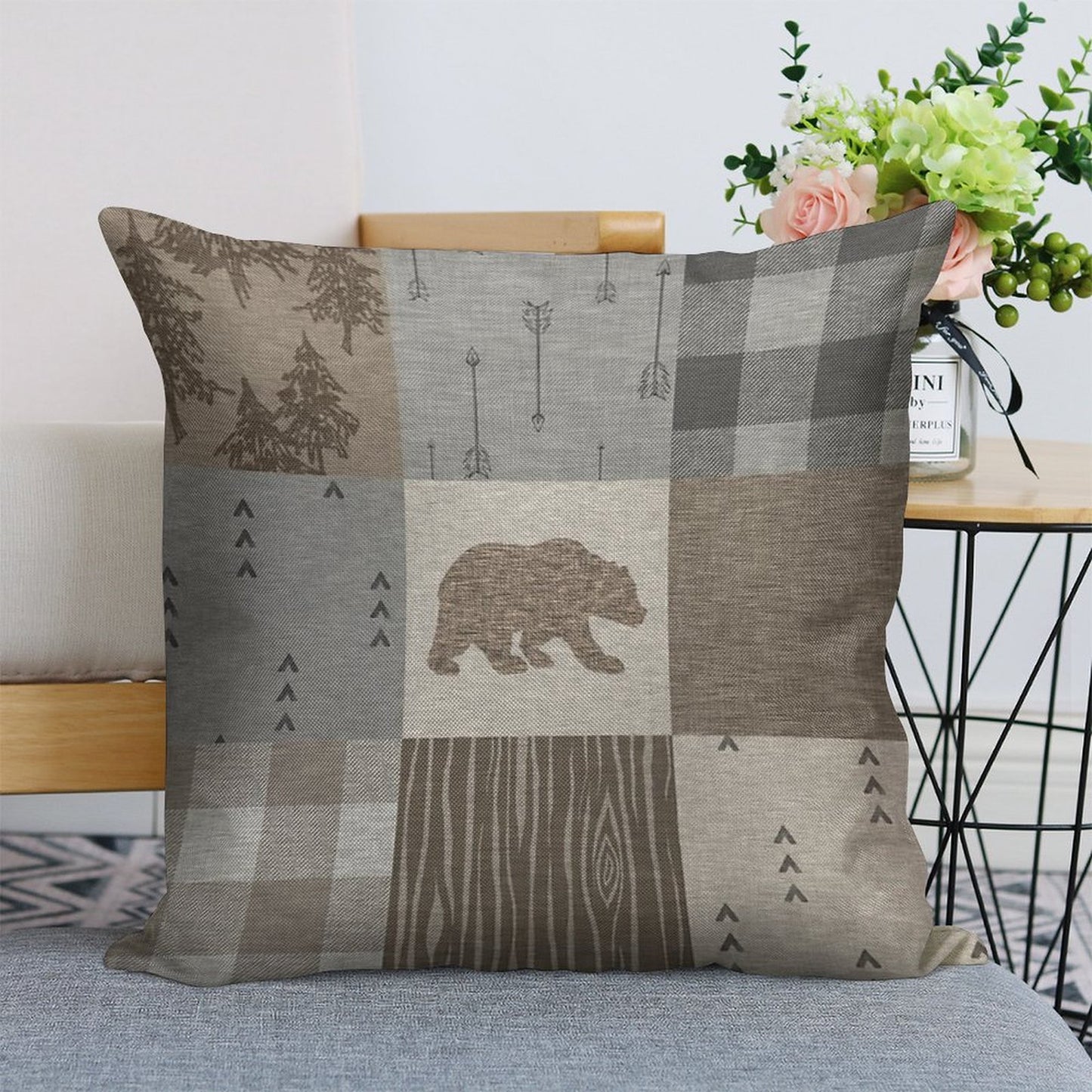Bear Patchwork - Rustic Neutrals Linen Throw Pillow Cover
