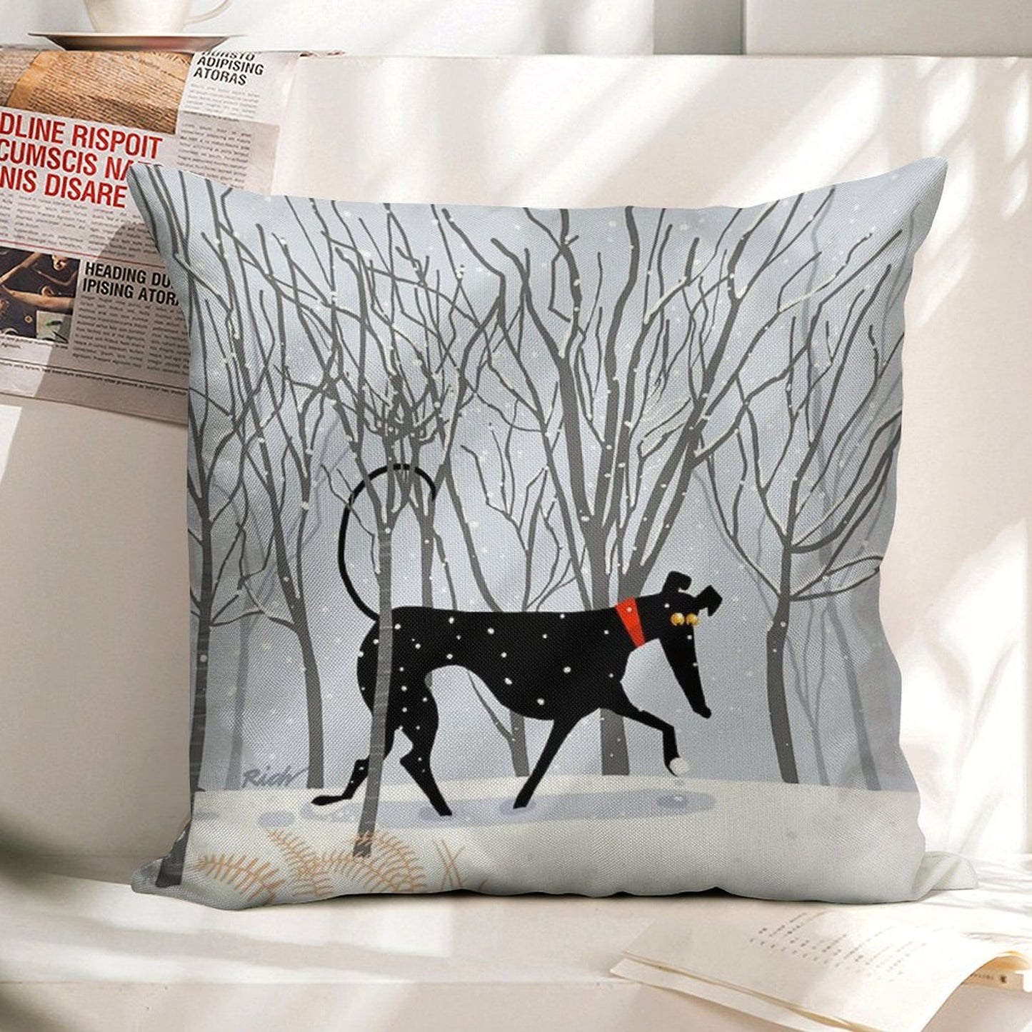 Winter Hound Linen Throw Pillow Cover