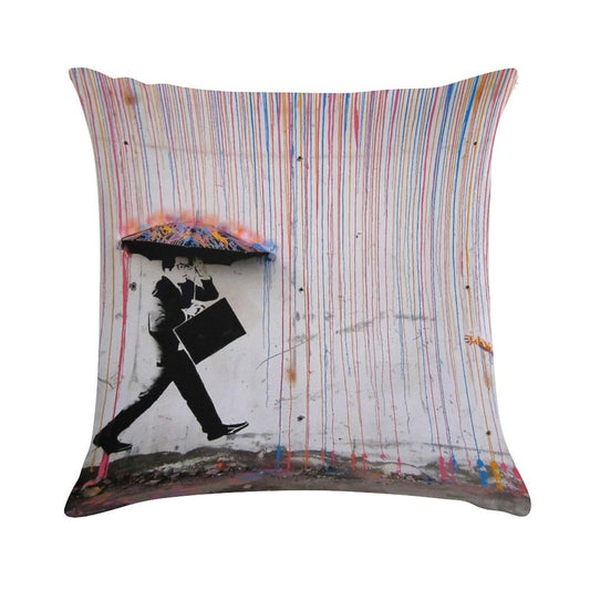 Banksy Umbrella Rainbow Happy Girl Soft Luxury Feel Throw Pillow