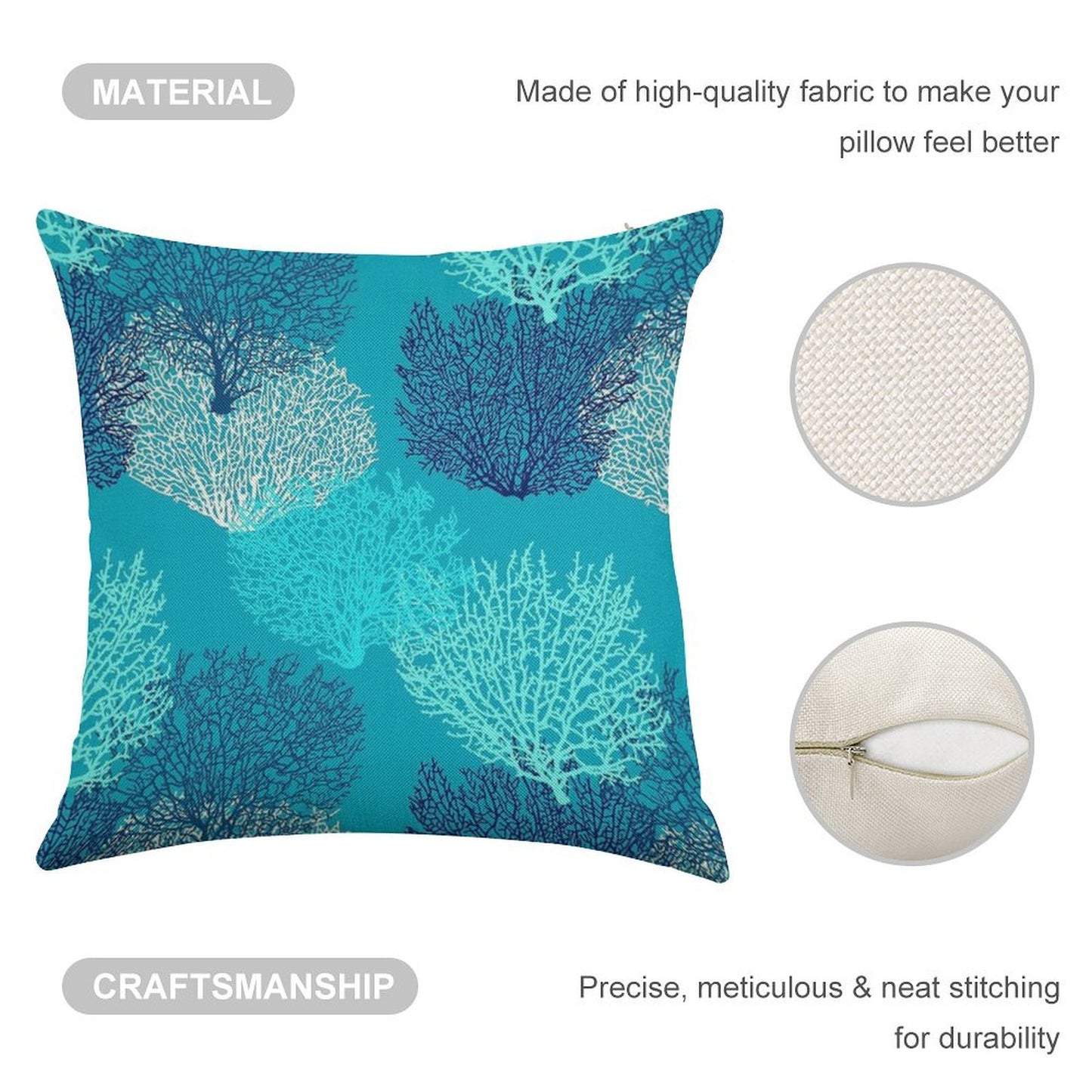 Fan Coral Print, Turquoise, Aqua And Cobalt Blue Linen Throw Pillow Cover