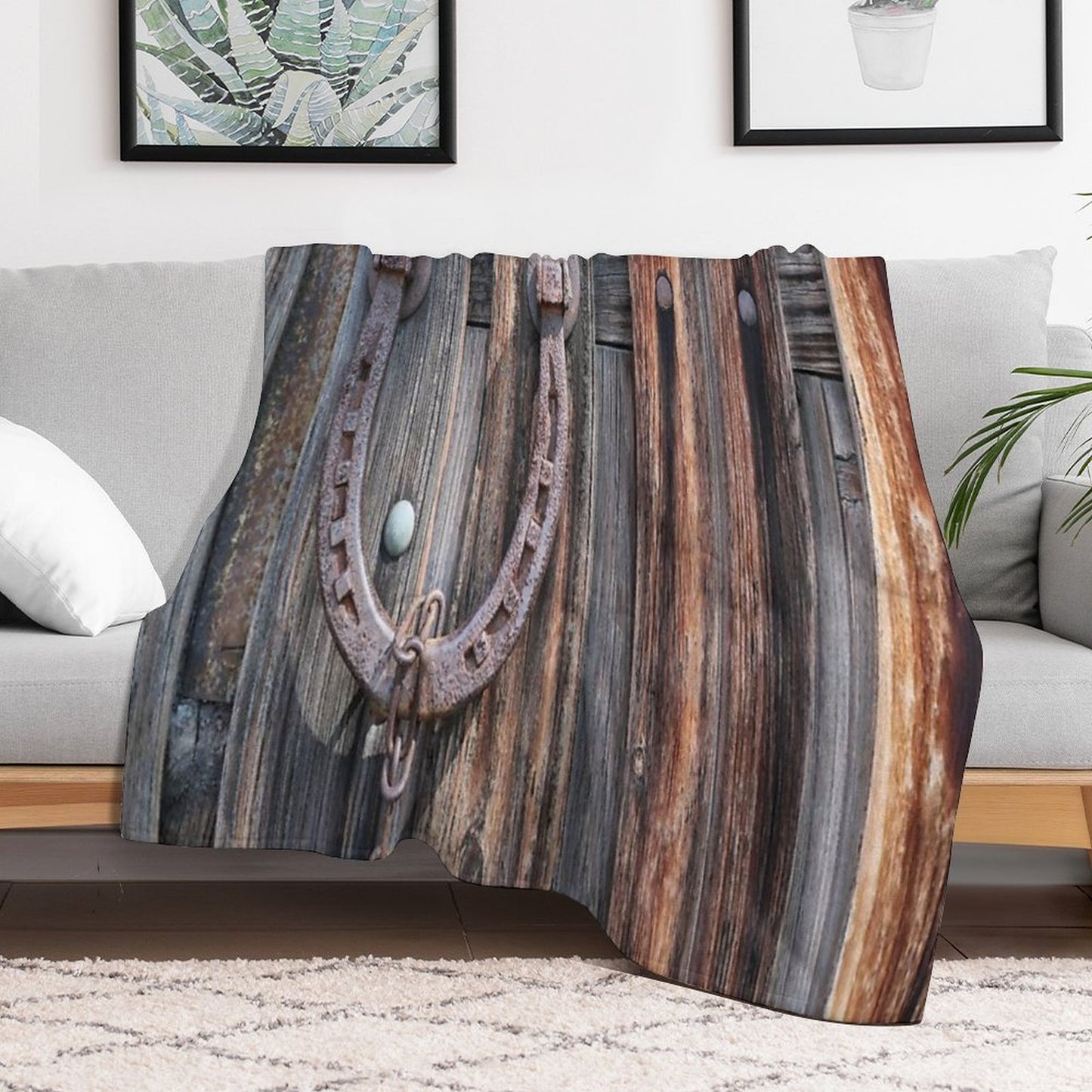 Distressed Barn Wood Rustic Equestrian Horseshoe Throw Blanket