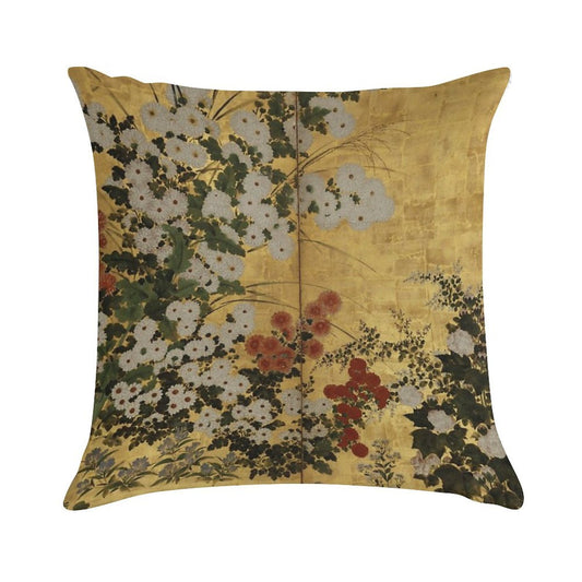 White Red Chrysanthemums Floral Japanese Gold Screen Print Soft Reinforced Edging Throw Pillow