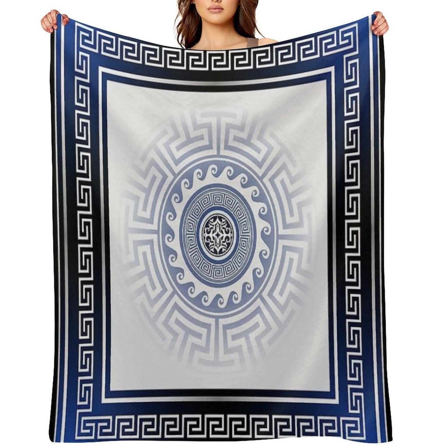 Greek Key Meander Blue White Silver Throw Blanket