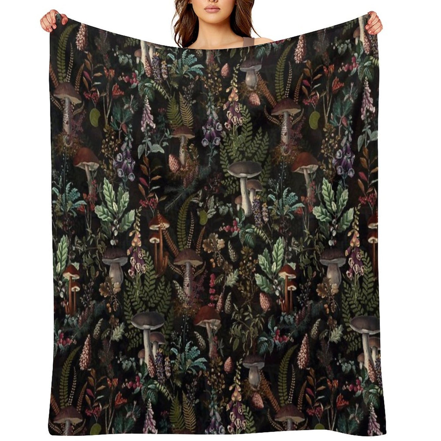 Vintage Mysterious Mushrooms Forest Botanical Botanical Night Garden Pattern NightGarden Throw Blanket