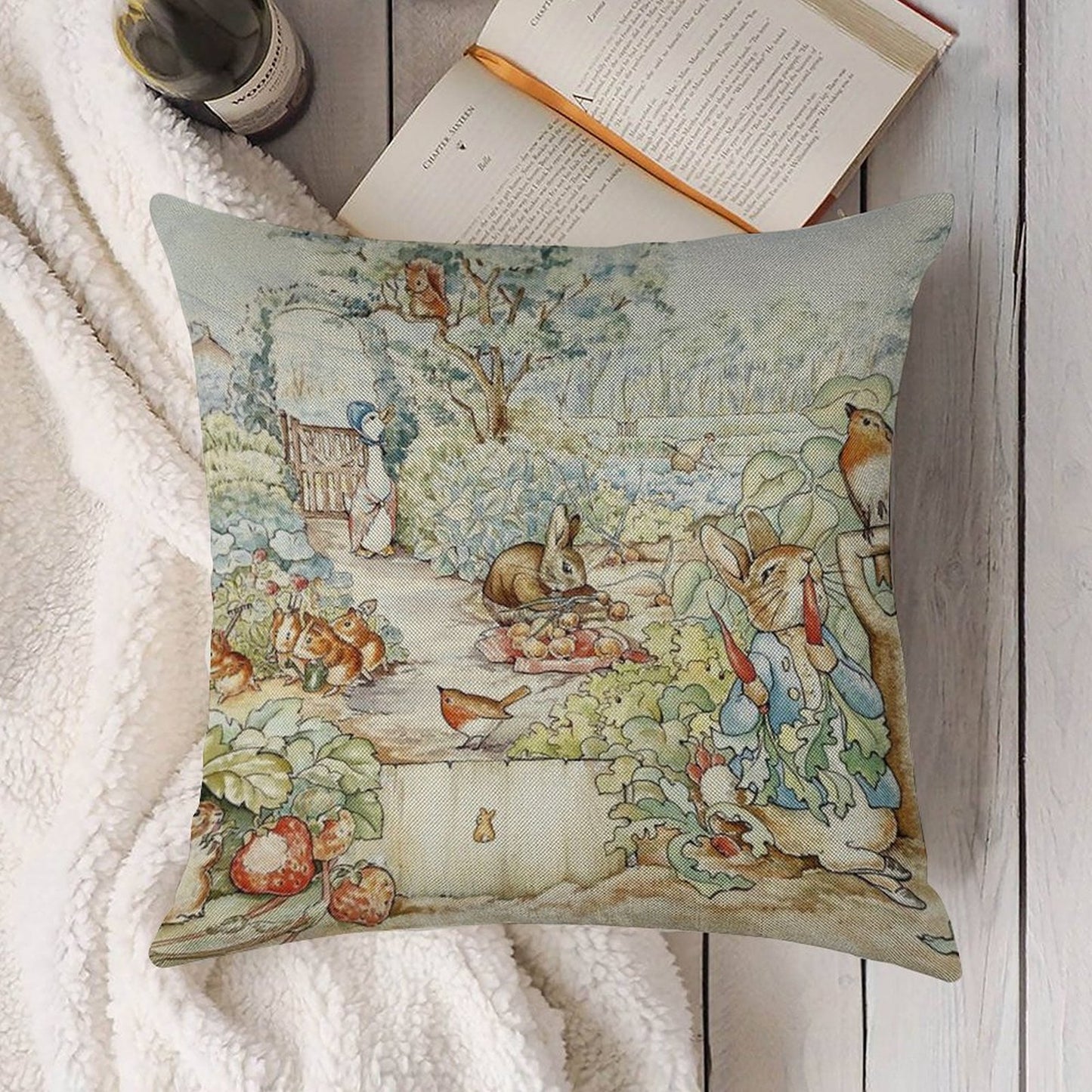 Beatrix Potter Storybook Characters in Garden Linen Throw Pillow Cover