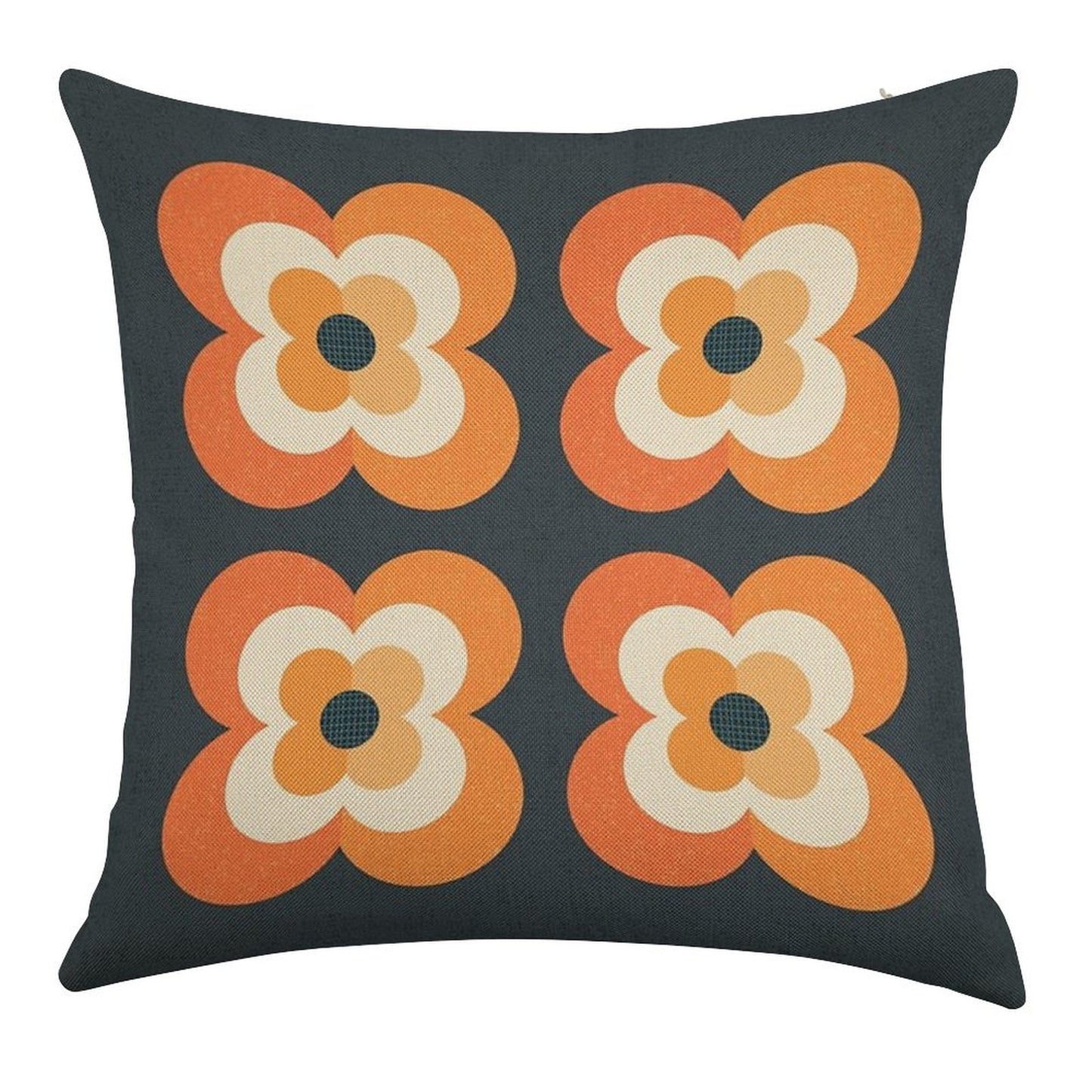 Retro Flowers - Orange And Charcoal Linen Throw Pillow Cover