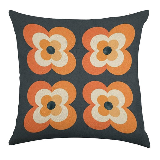 Retro Flowers - Orange And Charcoal Linen Throw Pillow Cover