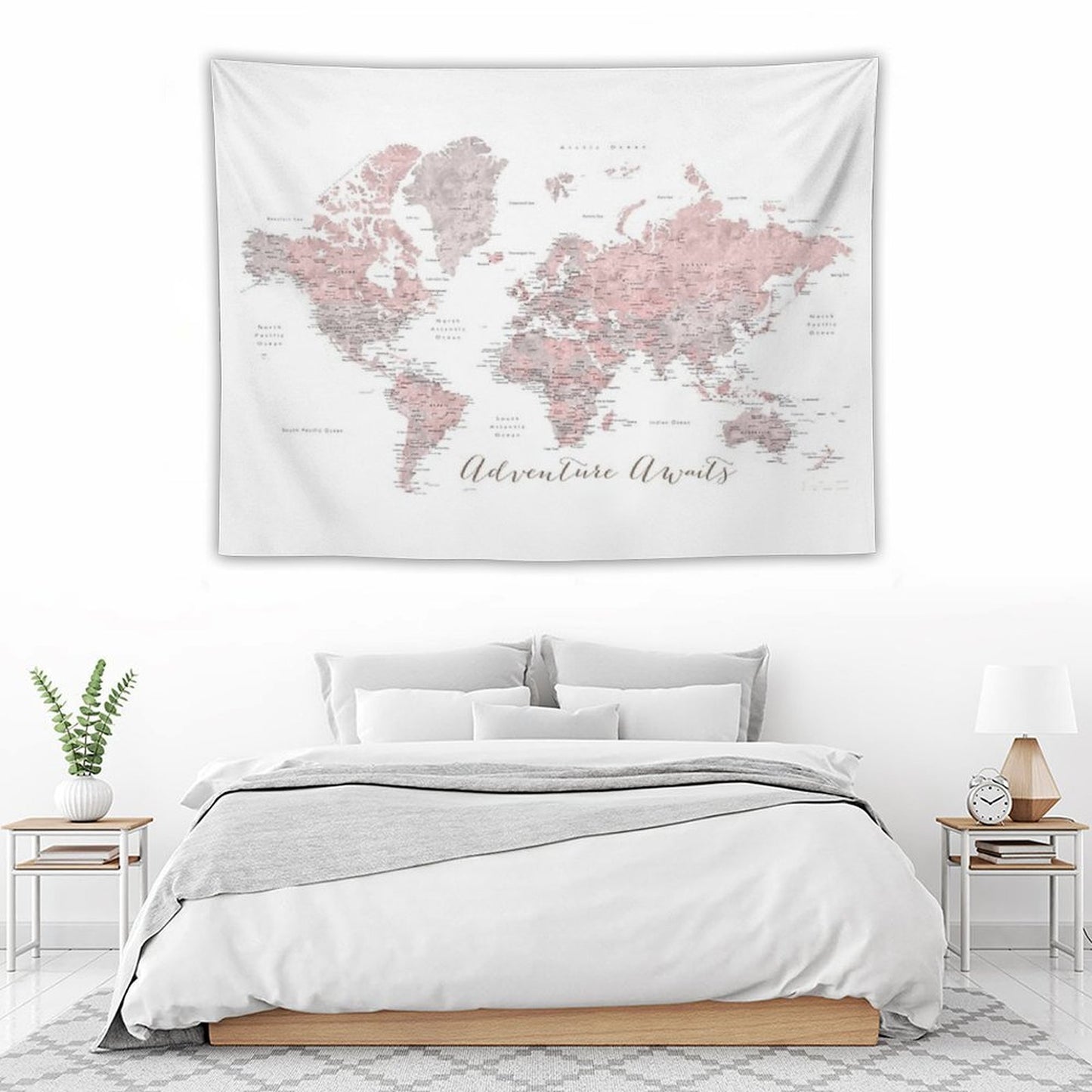 World Map Adventure Awaits in Dusty Pink And Grey Tapestry