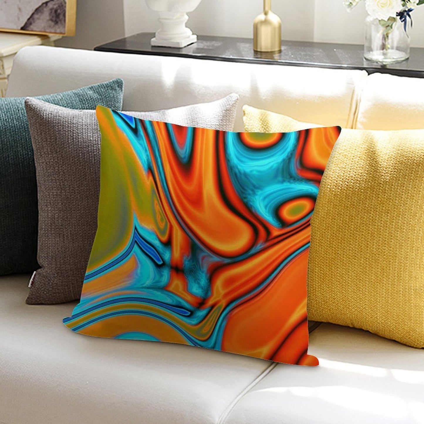 Vivid Modern Southwest Hipster Turquoise Orange Swirls Soft Durable Construction Throw Pillow