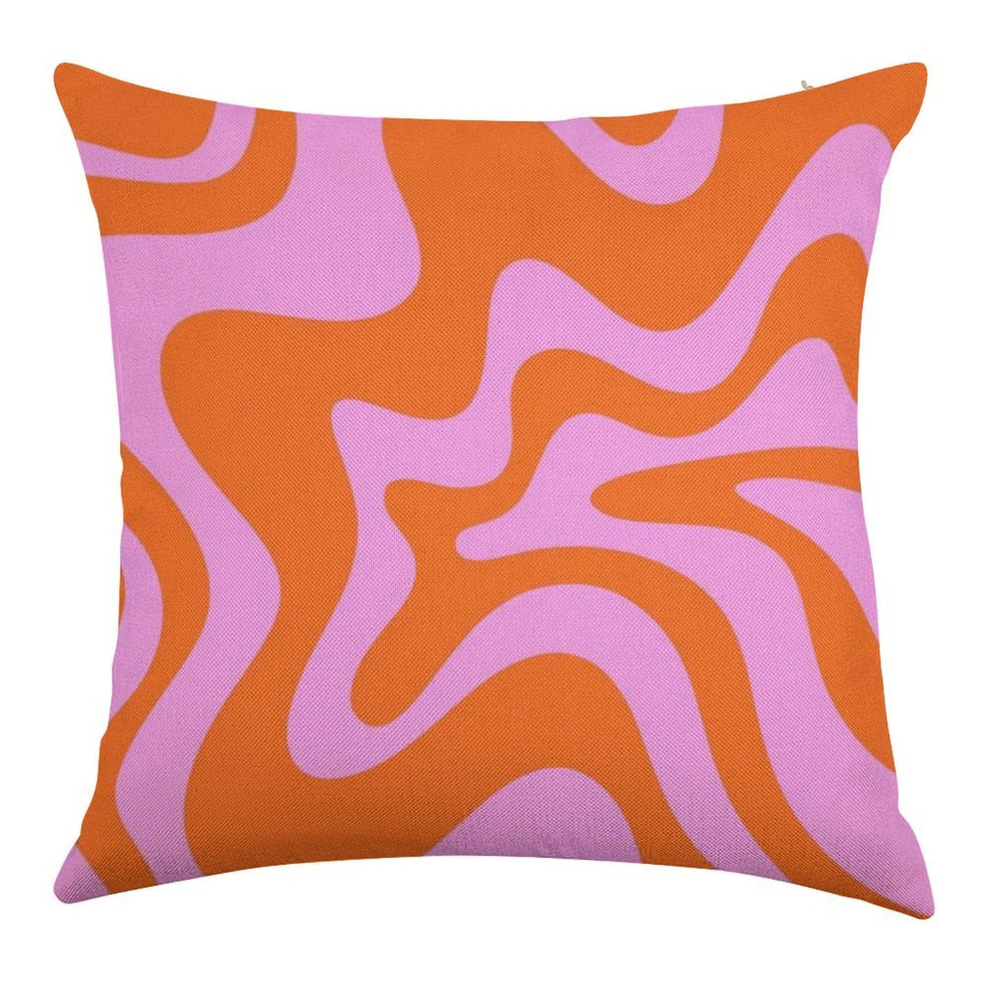 Retro Liquid Swirl Abstract Pattern Square in Hot Pink And Red-Orange Linen Throw Pillow Cover
