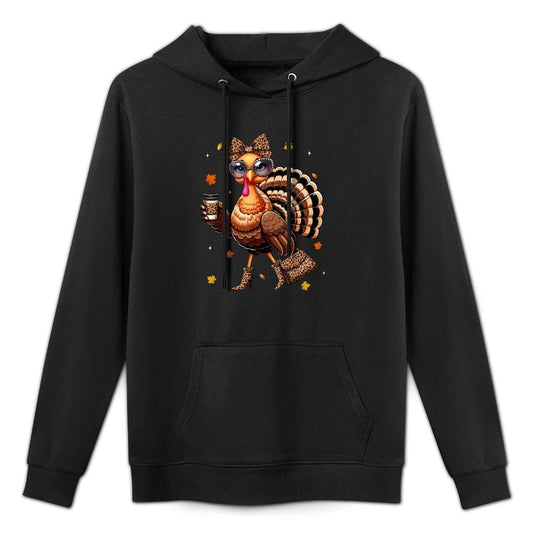Leopard Turkey Drinking Coffee Thanksgiving Women Turkey Day Cotton-Polyester Blend Hoodie