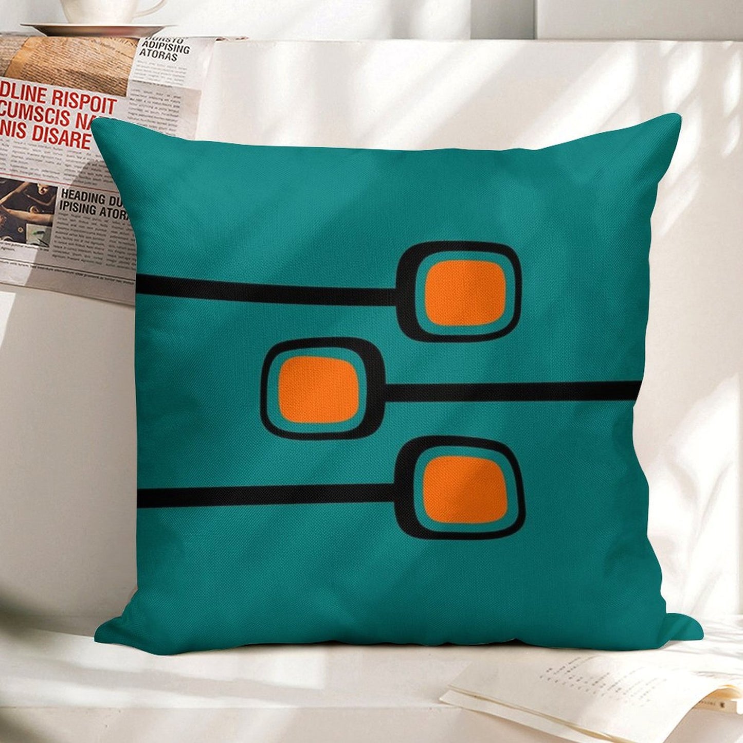 Retro Branches Black And Orange on Teal Mid Century Modern Print Linen Throw Pillow Cover