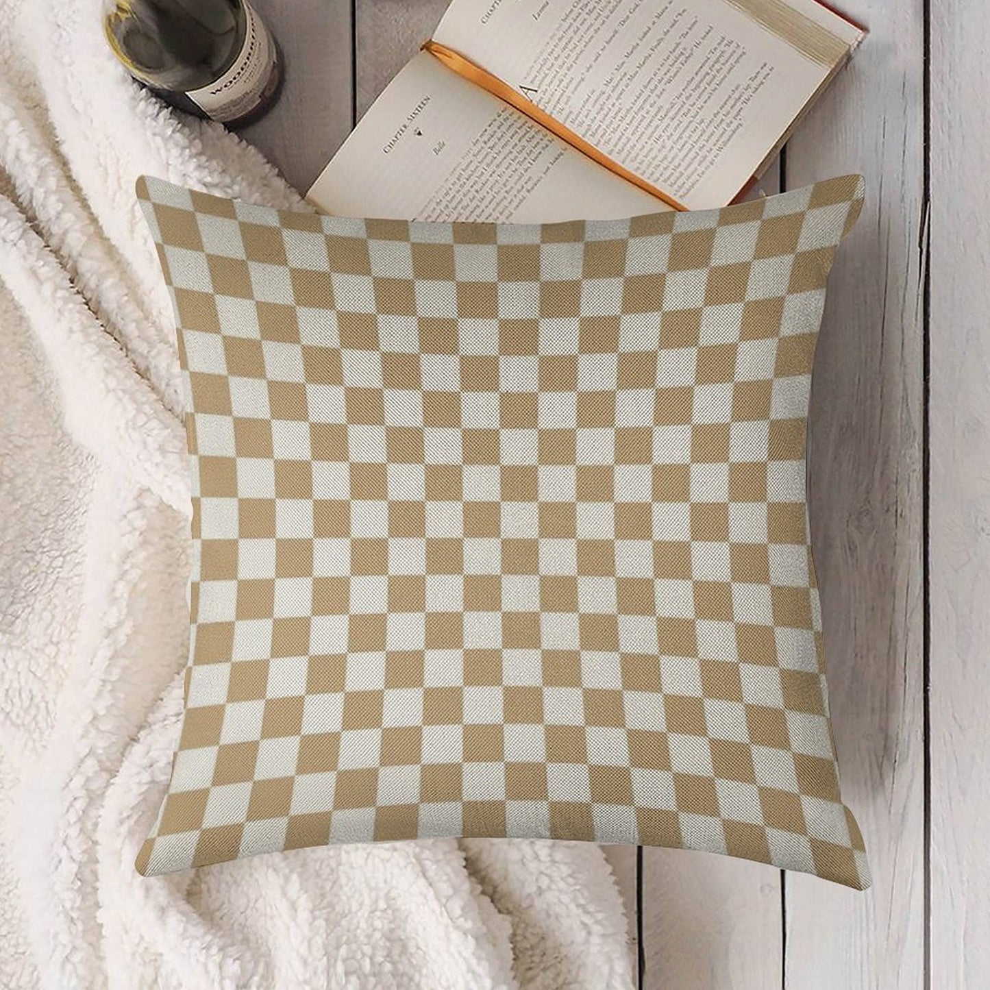 White And Tan Brown Checkerboard Linen Throw Pillow Cover
