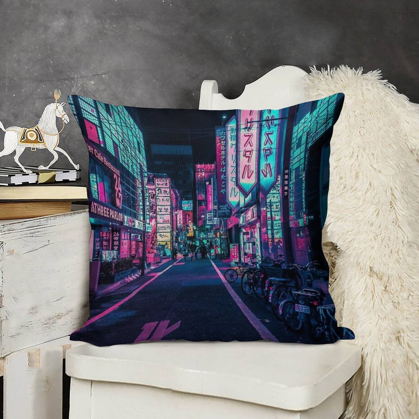 Tokyo - A Neon Wonderland Linen Throw Pillow Cover