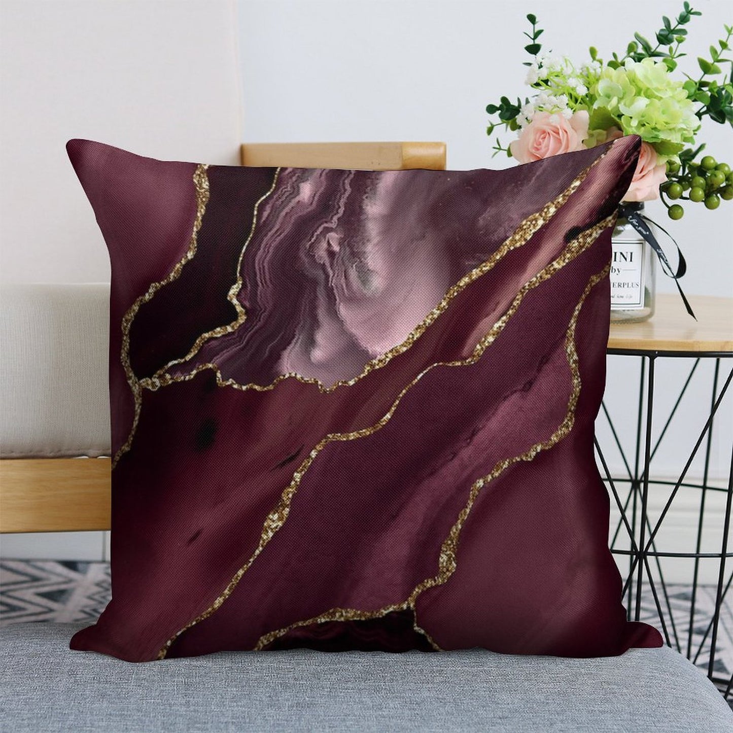 Burgundy Maroon Geode Agate Linen Throw Pillow Cover