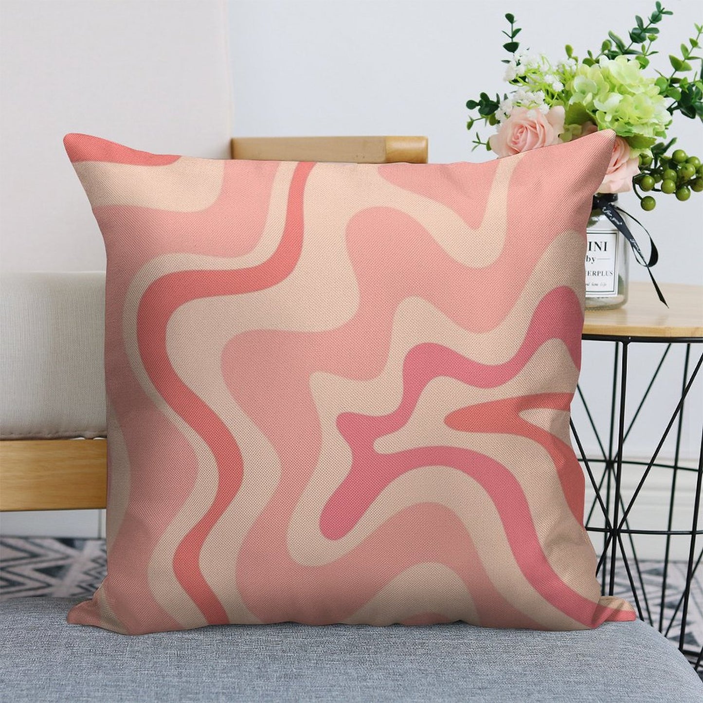 Liquid Swirl Retro Contemporary Abstract in Soft Blush Pink Linen Throw Pillow Cover