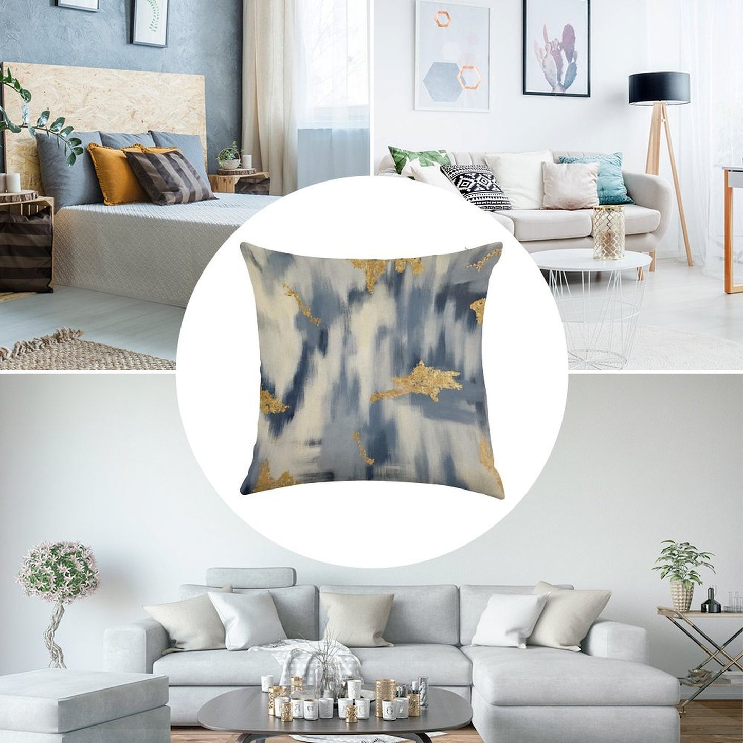 Blue And Gold Ikat Abstract Linen Throw Pillow Cover