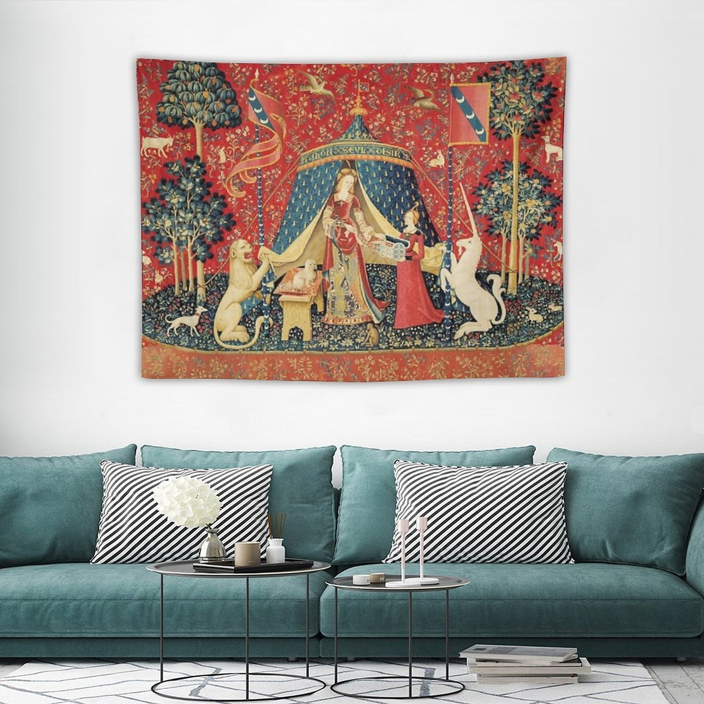 LADY AND THE UNICORN DESIRE ,Lion,Fantasy Flowers,Animals,Red Green Floral Tapestry Tapestry