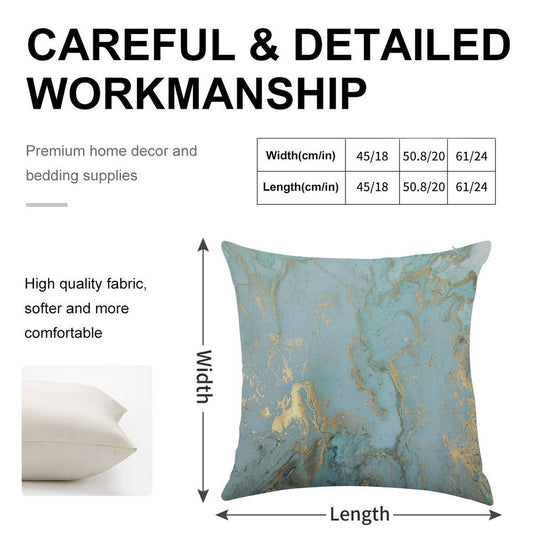 Marble Design - Gold Effect - Turquoise Blue, Teal Marbling Linen Throw Pillow Cover