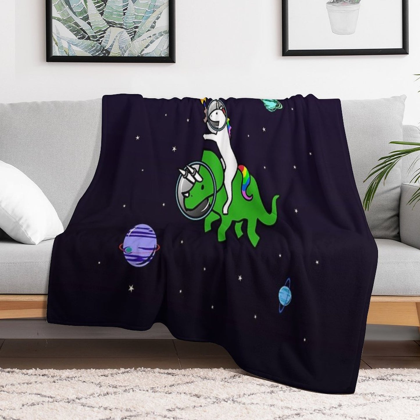 Unicorn Riding Triceratops In Space Throw Blanket