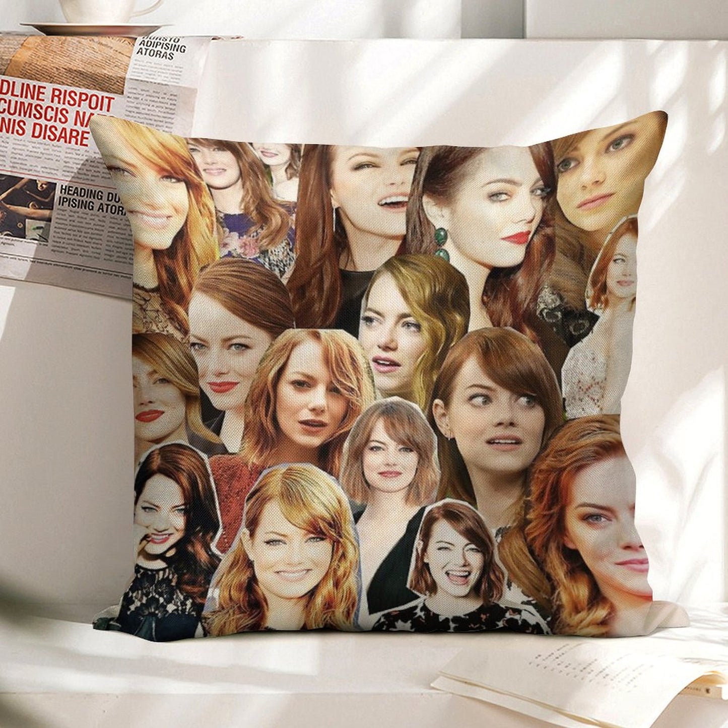 Emma Stone Collage Linen Throw Pillow Cover