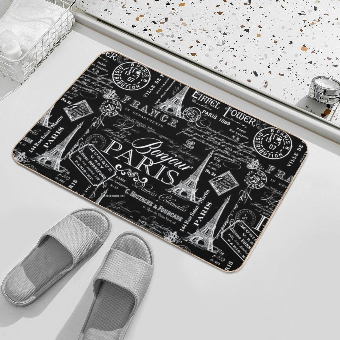 Vintage Paris French Lifestyle With Eiffel Tower Black And White Allover Pattern Rapid-Drying Bath Mat