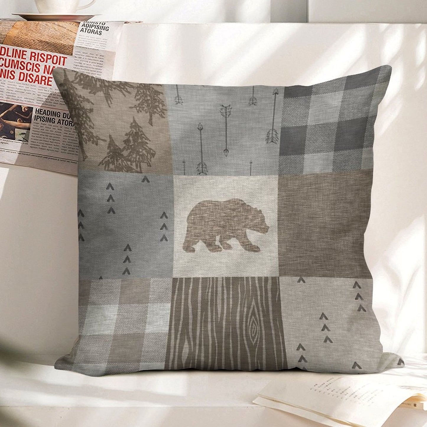 Bear Patchwork - Rustic Neutrals Linen Throw Pillow Cover